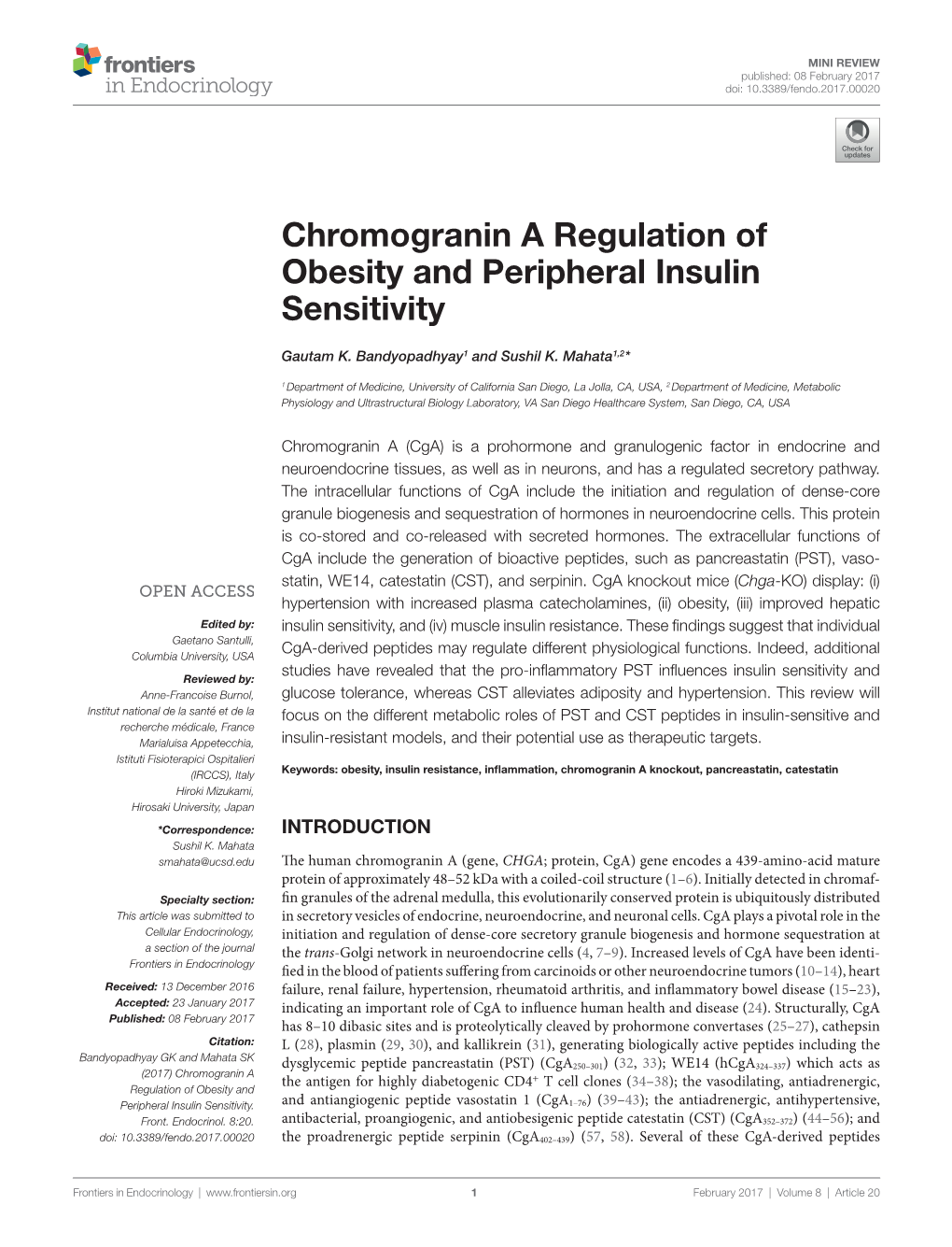 Chromogranin a Regulation of Obesity and Peripheral Insulin Sensitivity