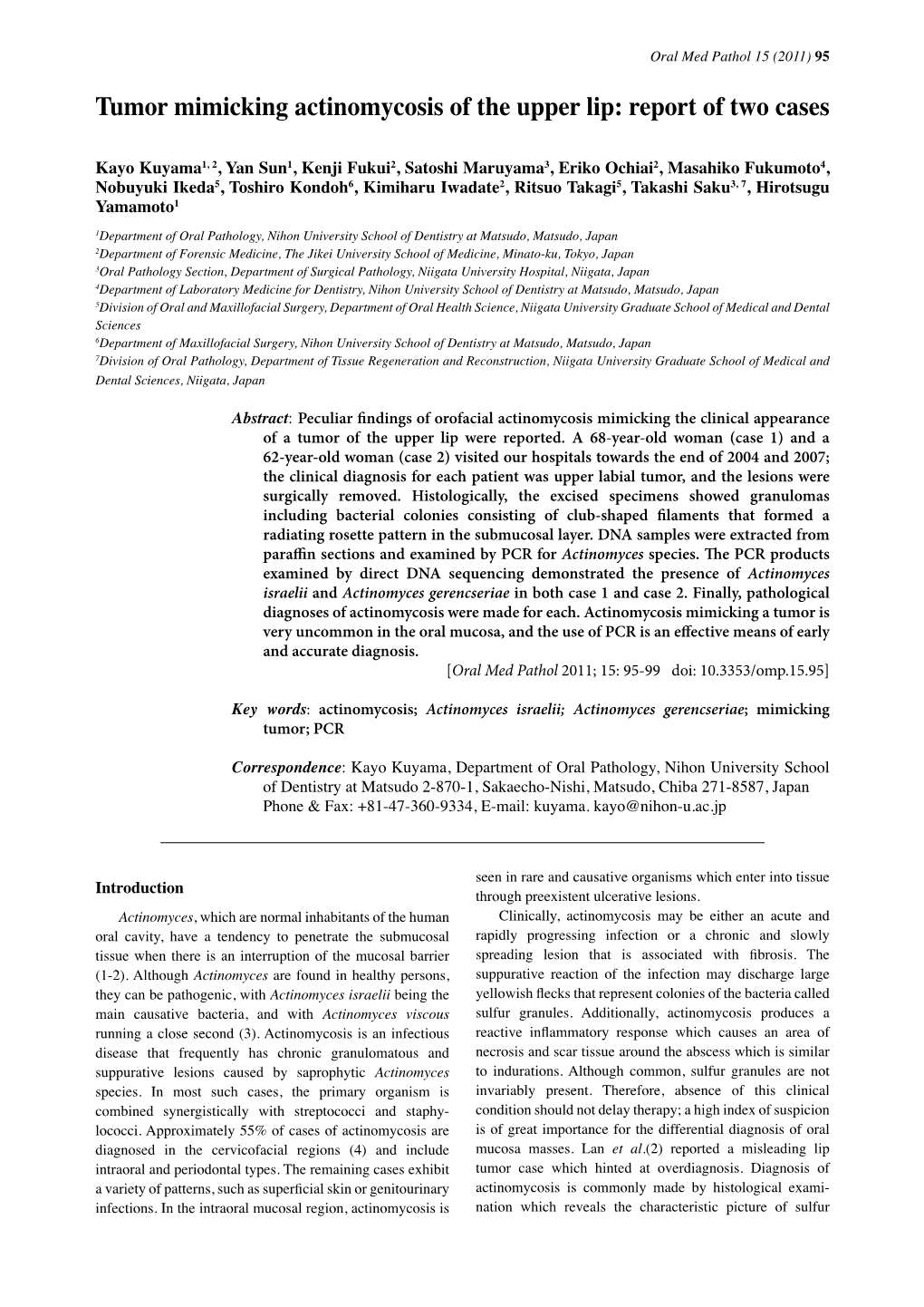 Tumor Mimicking Actinomycosis of the Upper Lip: Report of Two Cases