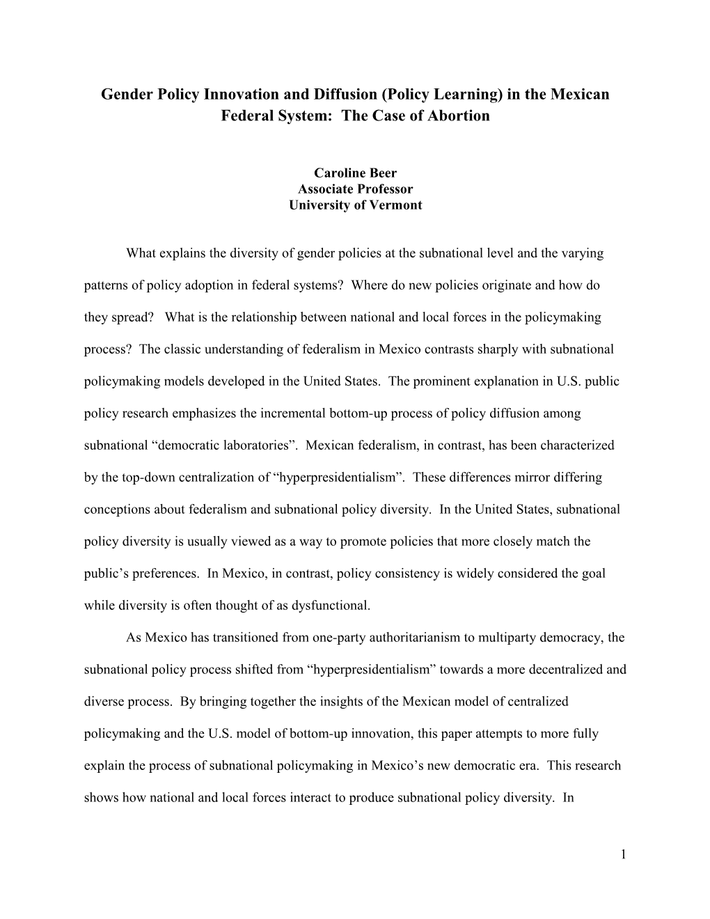 Gender Policy Innovation and Diffusion (Policy Learning) in the Mexican Federal System