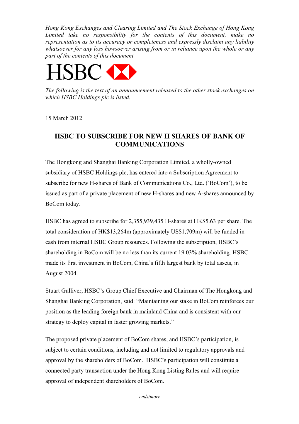 Hsbc to Subscribe for New H Shares of Bank of Communications