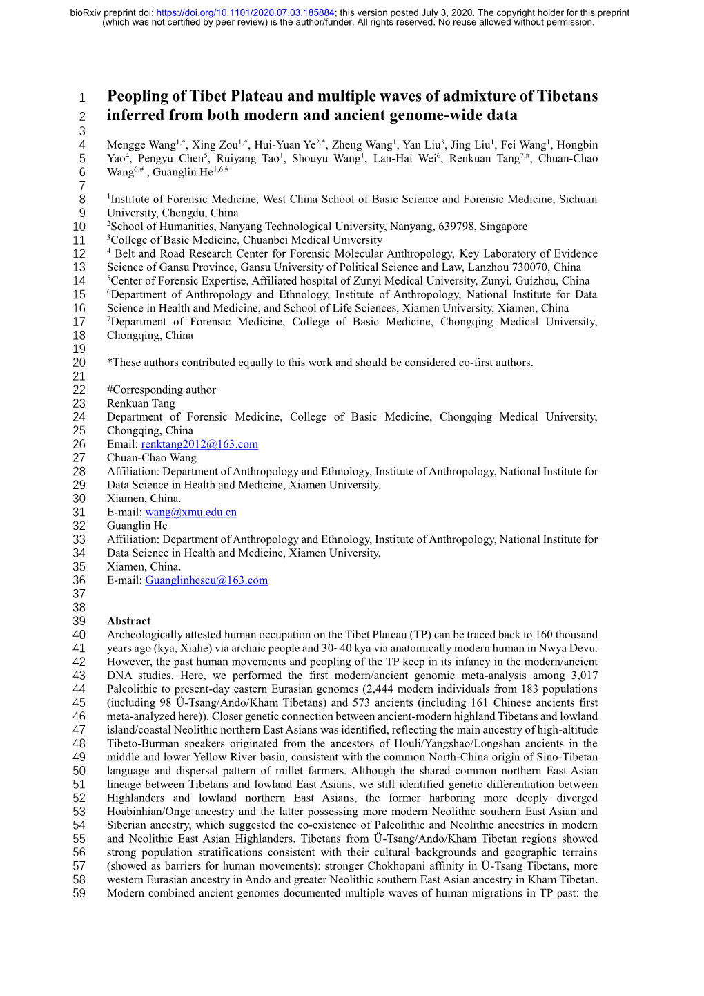 Peopling of Tibet Plateau and Multiple Waves of Admixture of Tibetans Inferred from Both Modern and Ancient Genome-Wide Data