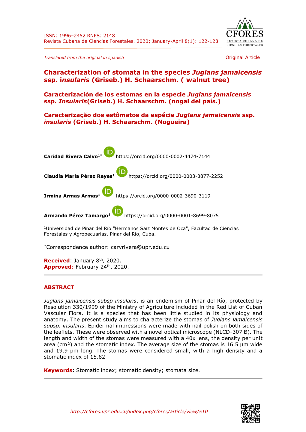 Characterization of Stomata in the Species Juglans Jamaicensis Ssp. Insularis (Griseb.) H