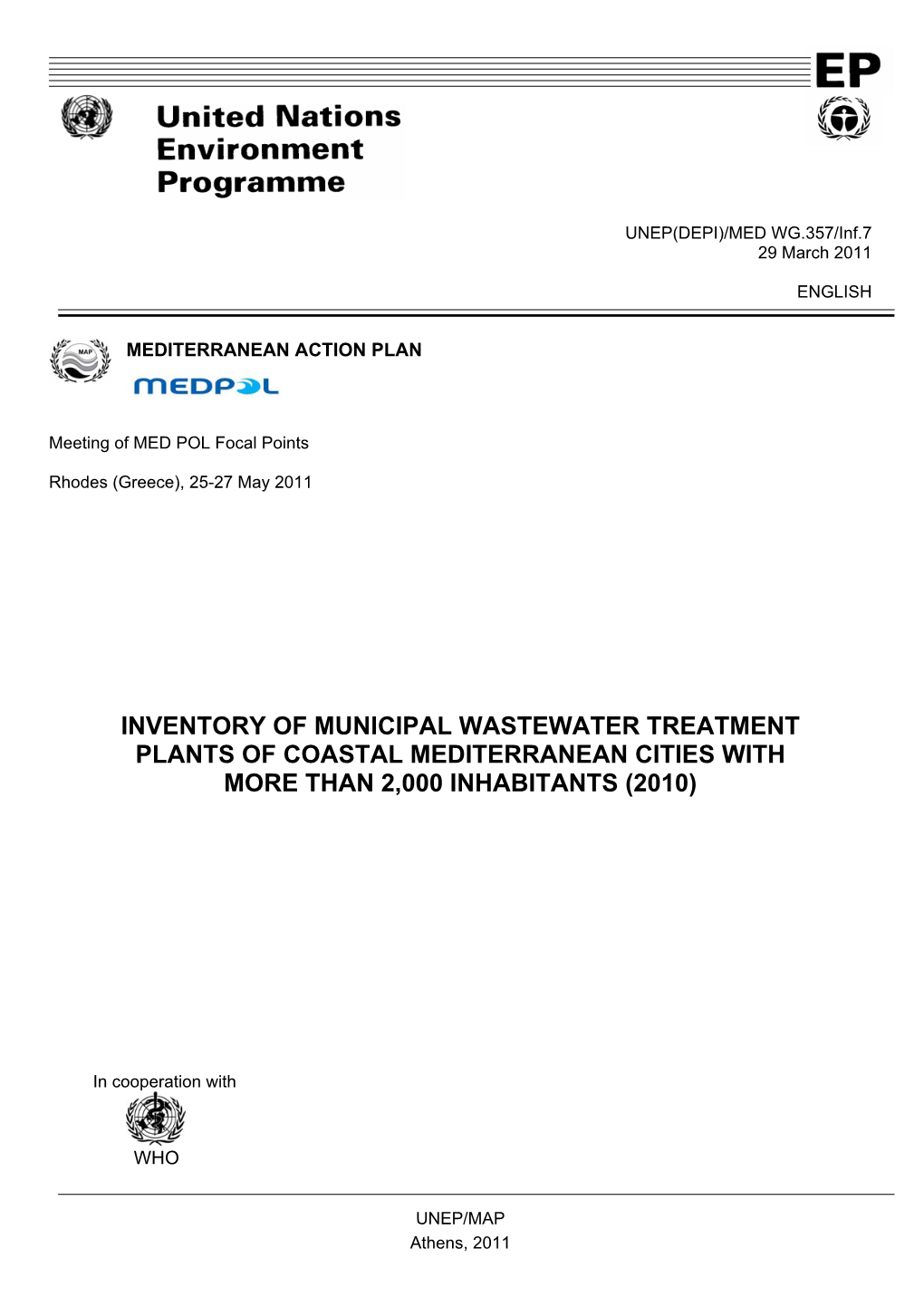 Inventory of Municipal Wastewater Treatment Plants of Coastal Mediterranean Cities with More Than 2,000 Inhabitants (2010)