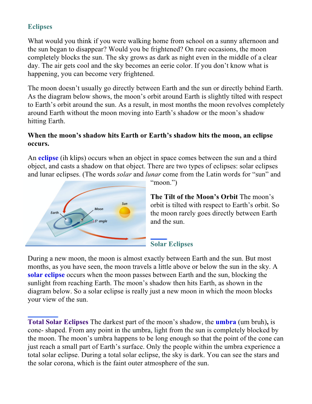 Solar and Lunar Eclipses Reading