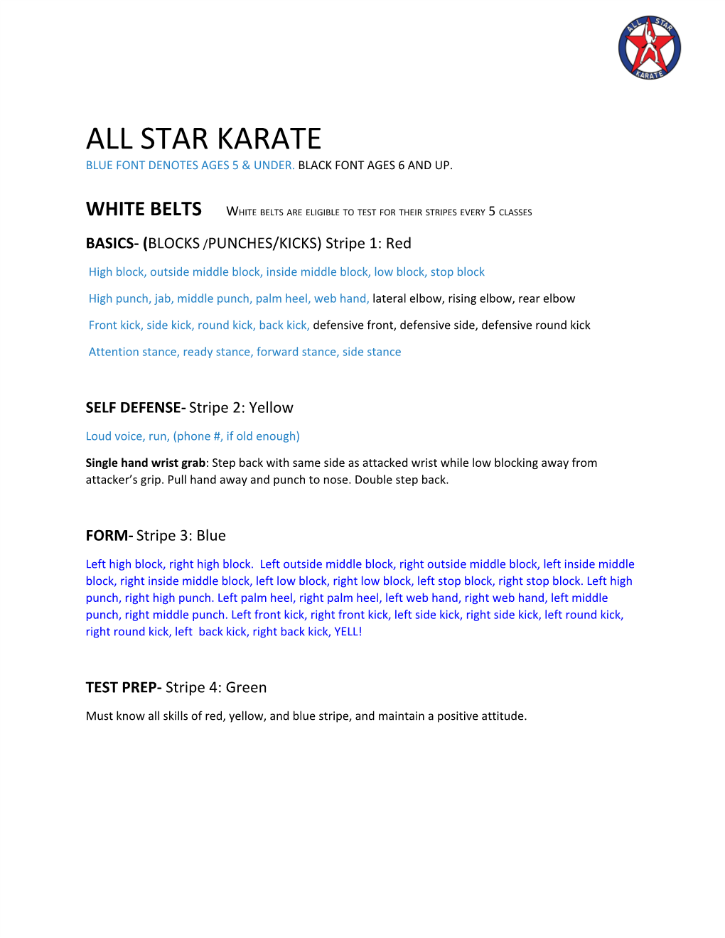 Star Karate Blue Font Denotes Ages 5 & Under