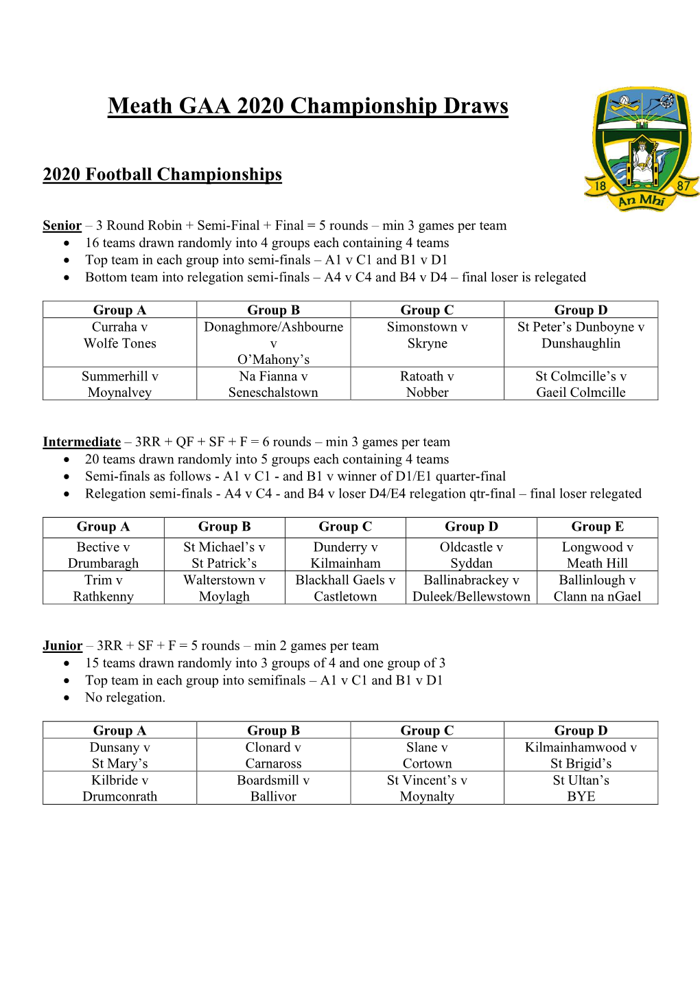 Meath GAA 2020 Championship Draws