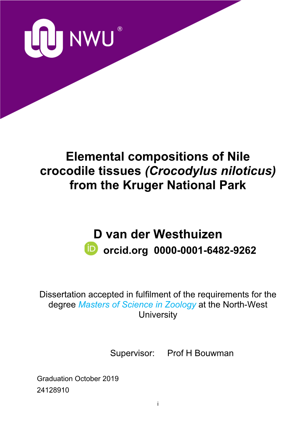 Elemental Compositions of Nile Crocodile Tissues (Crocodylus Niloticus) from the Kruger National Park