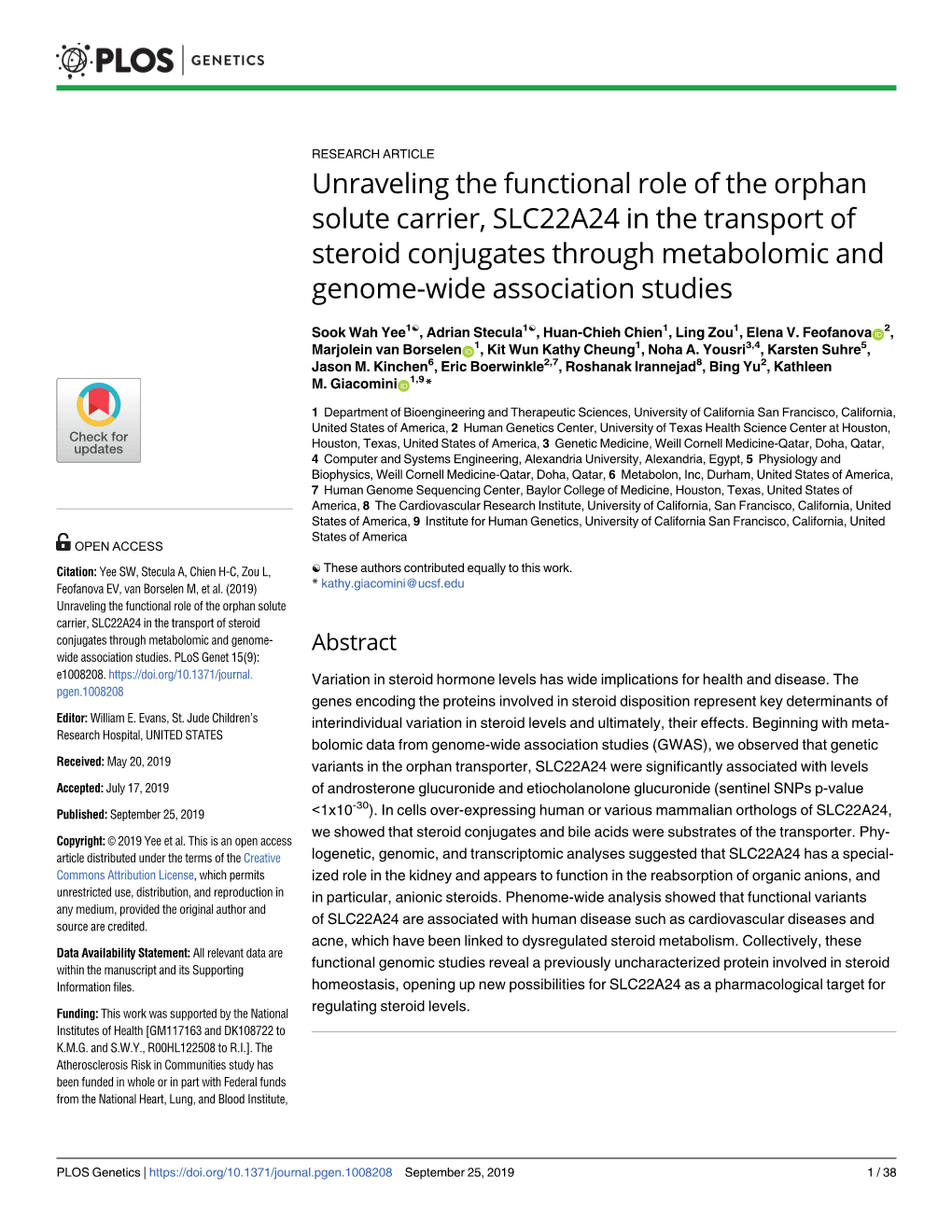 Unraveling the Functional Role of the Orphan Solute Carrier, SLC22A24 in the Transport of Steroid Conjugates Through Metabolomic and Genome-Wide Association Studies