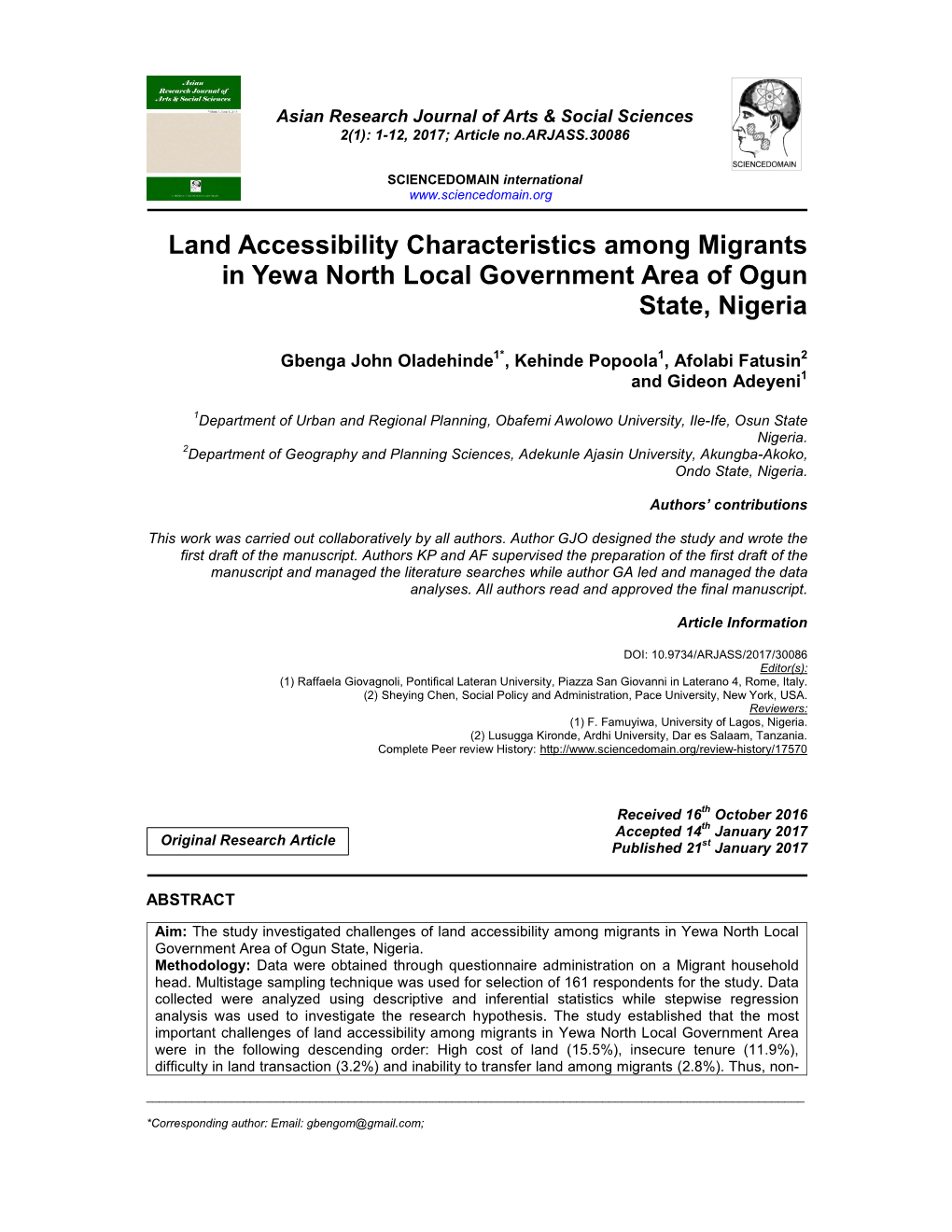 Land Accessibility Characteristics Among Migrants in Yewa North Local Government Area of Ogun State, Nigeria