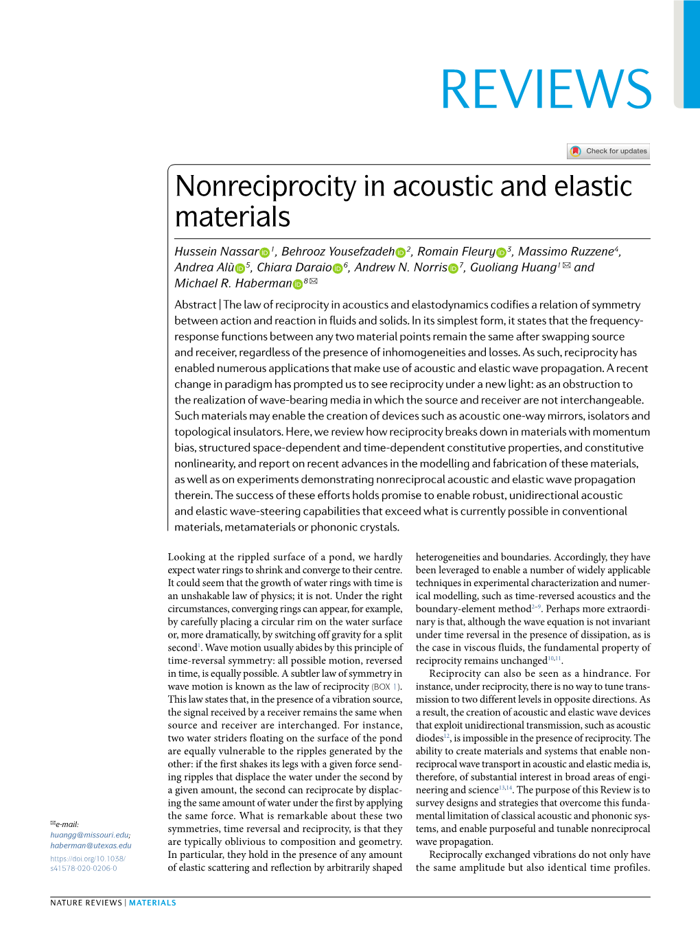 Nonreciprocity in Acoustic and Elastic Materials