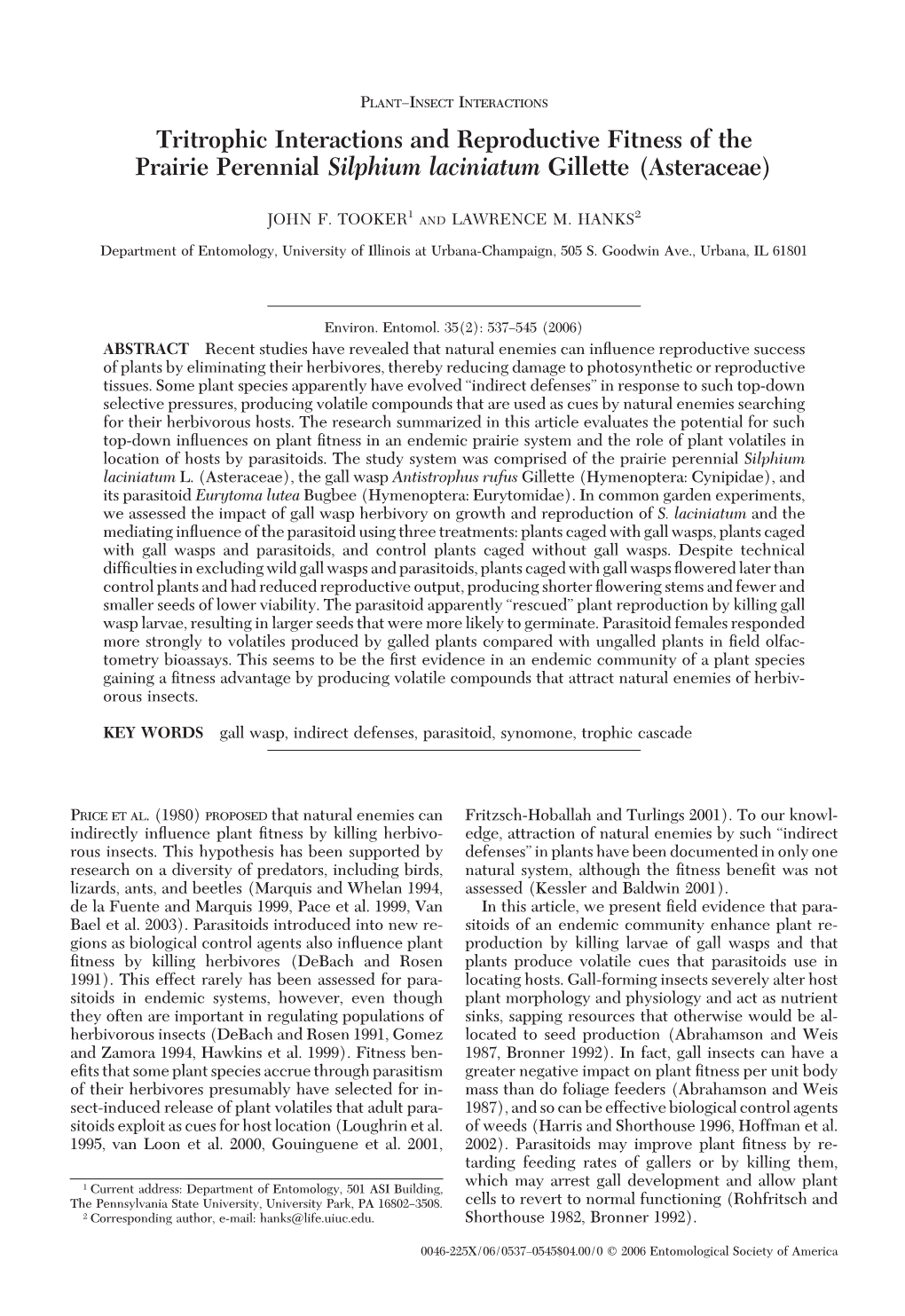 Tritrophic Interactions and Reproductive Fitness of the Prairie Perennial Silphium Laciniatum Gillette (Asteraceae)