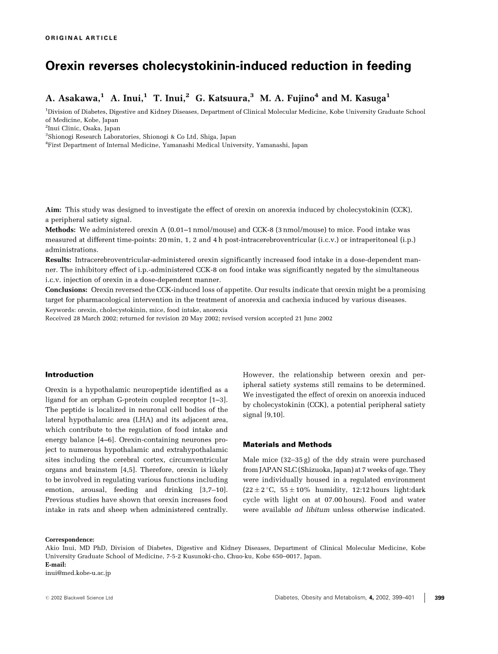 Orexin Reverses Cholecystokinin-Induced Reduction in Feeding