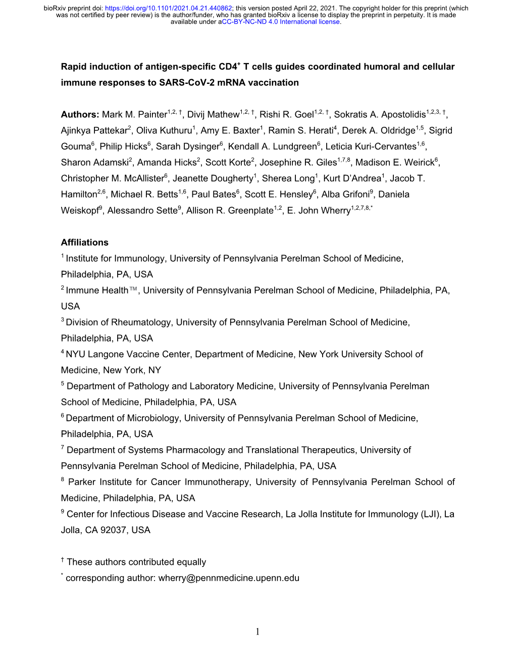 Rapid Induction of Antigen-Specific CD4+ T Cells Guides Coordinated Humoral and Cellular Immune Responses to SARS-Cov-2 Mrna Vaccination