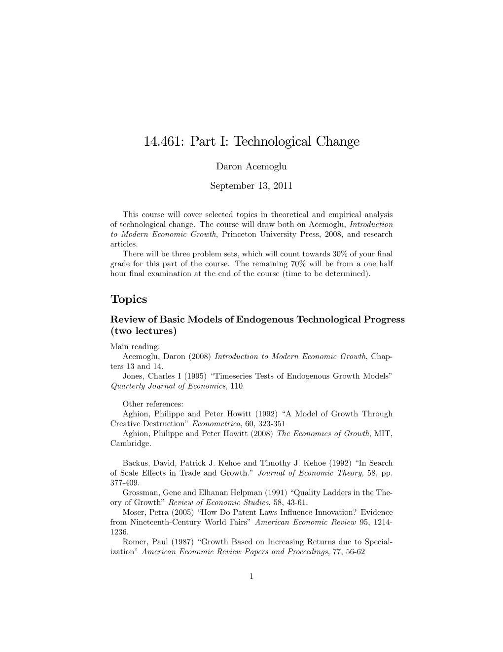 14.461: Part I: Technological Change