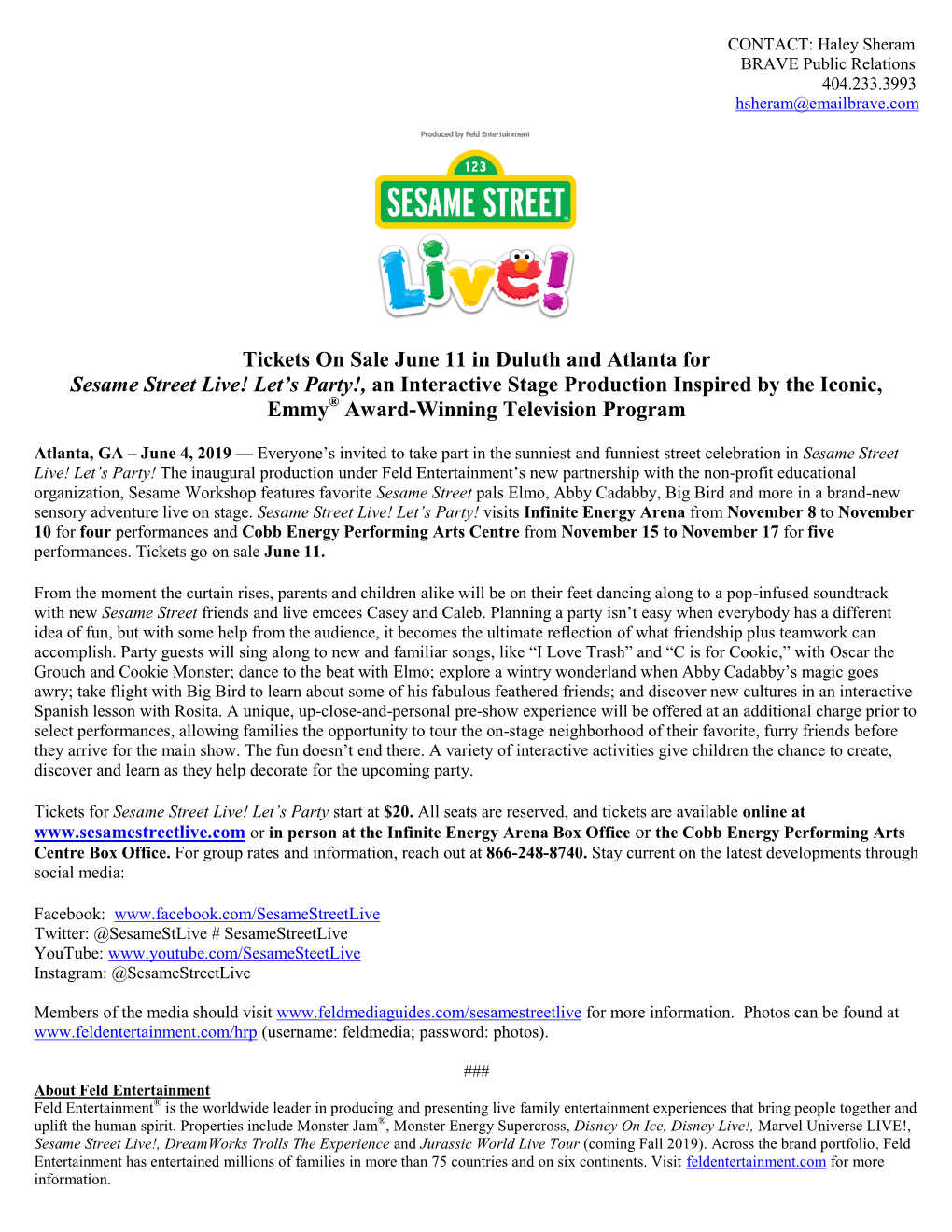 Tickets on Sale June 11 in Duluth and Atlanta for Sesame Street Live
