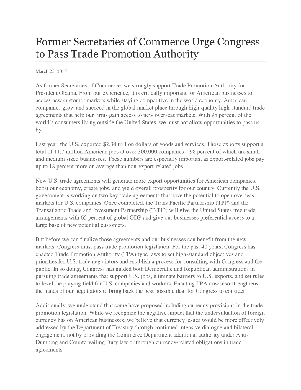 Former Secretaries of Commerce Urge Congress to Pass Trade Promotion Authority