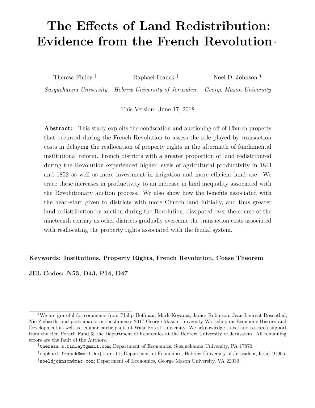 The Effects of Land Redistribution: Evidence from the French Revolution