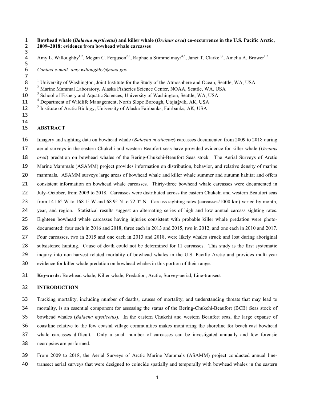 Bowhead Whale (Balaena Mysticetus) and Killer Whale (Orcinus Orca) Co-Occurrence in the U.S