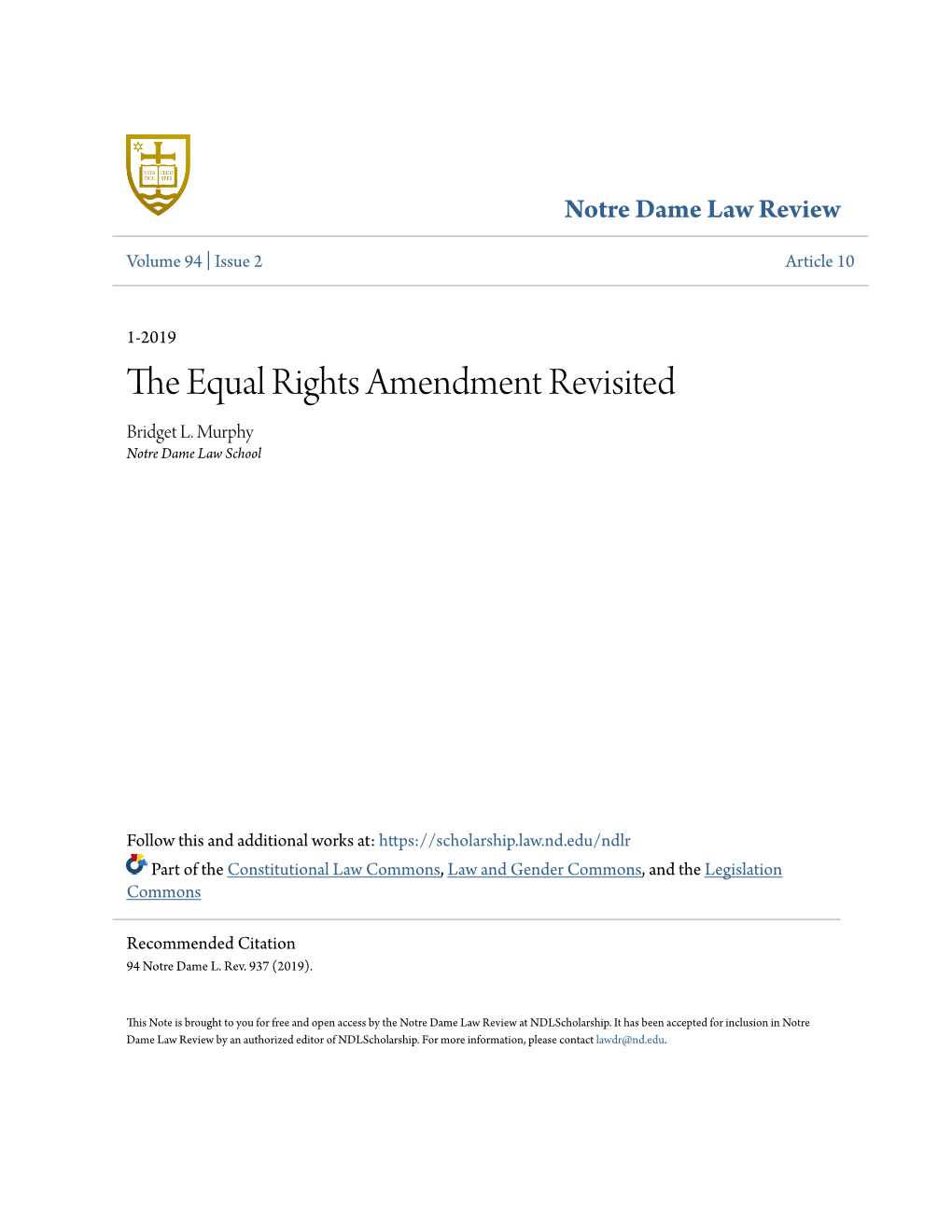 The Equal Rights Amendment Revisited