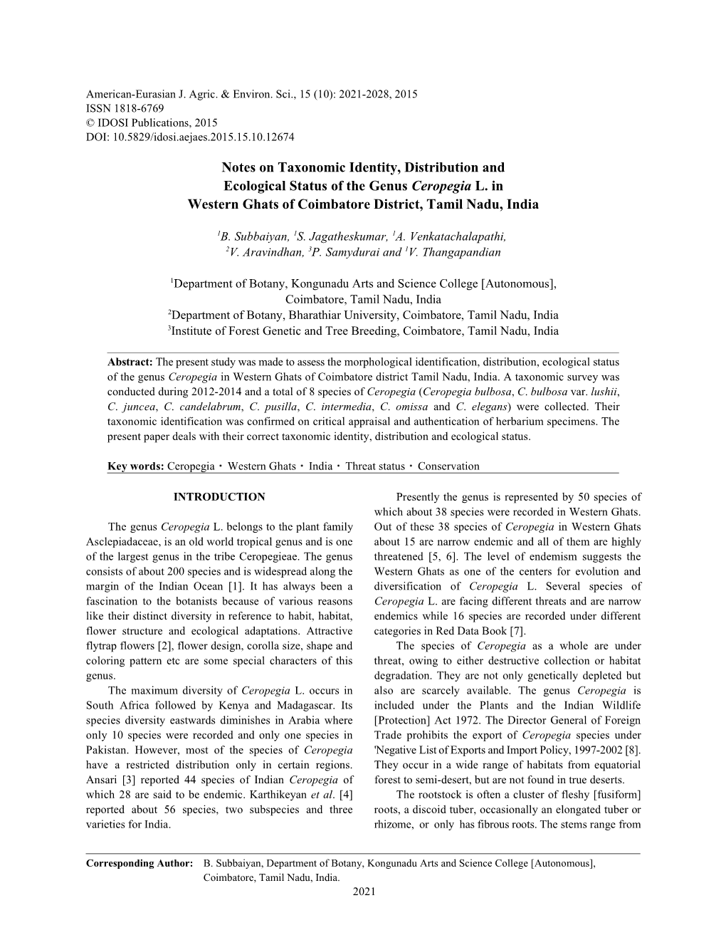 Notes on Taxonomic Identity, Distribution and Ecological Status of the Genus Ceropegia L