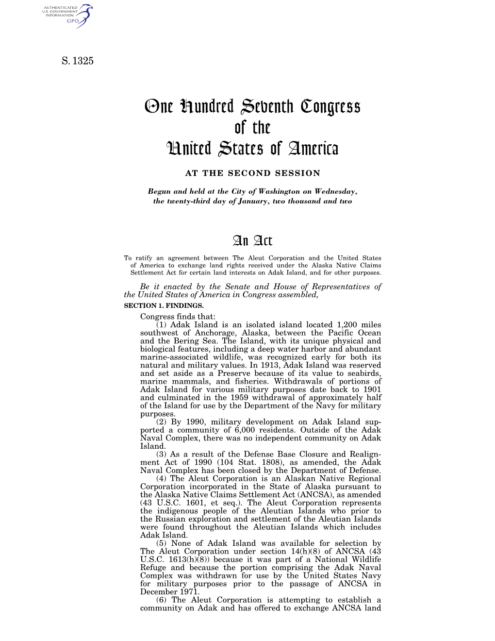 One Hundred Seventh Congress of the United States of America