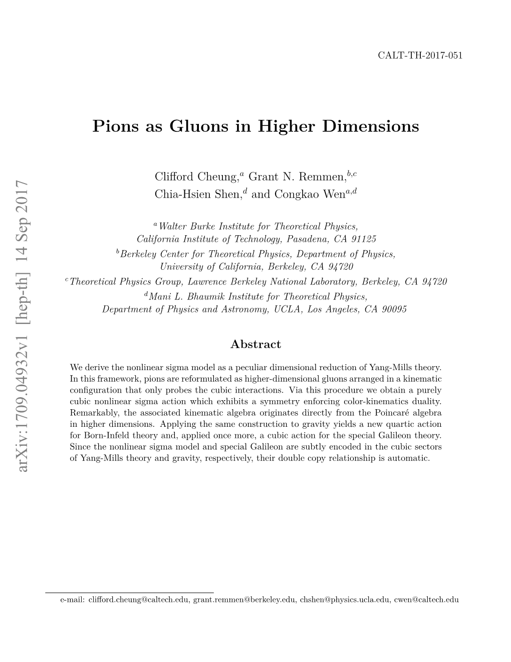 Pions As Gluons in Higher Dimensions Arxiv:1709.04932V1