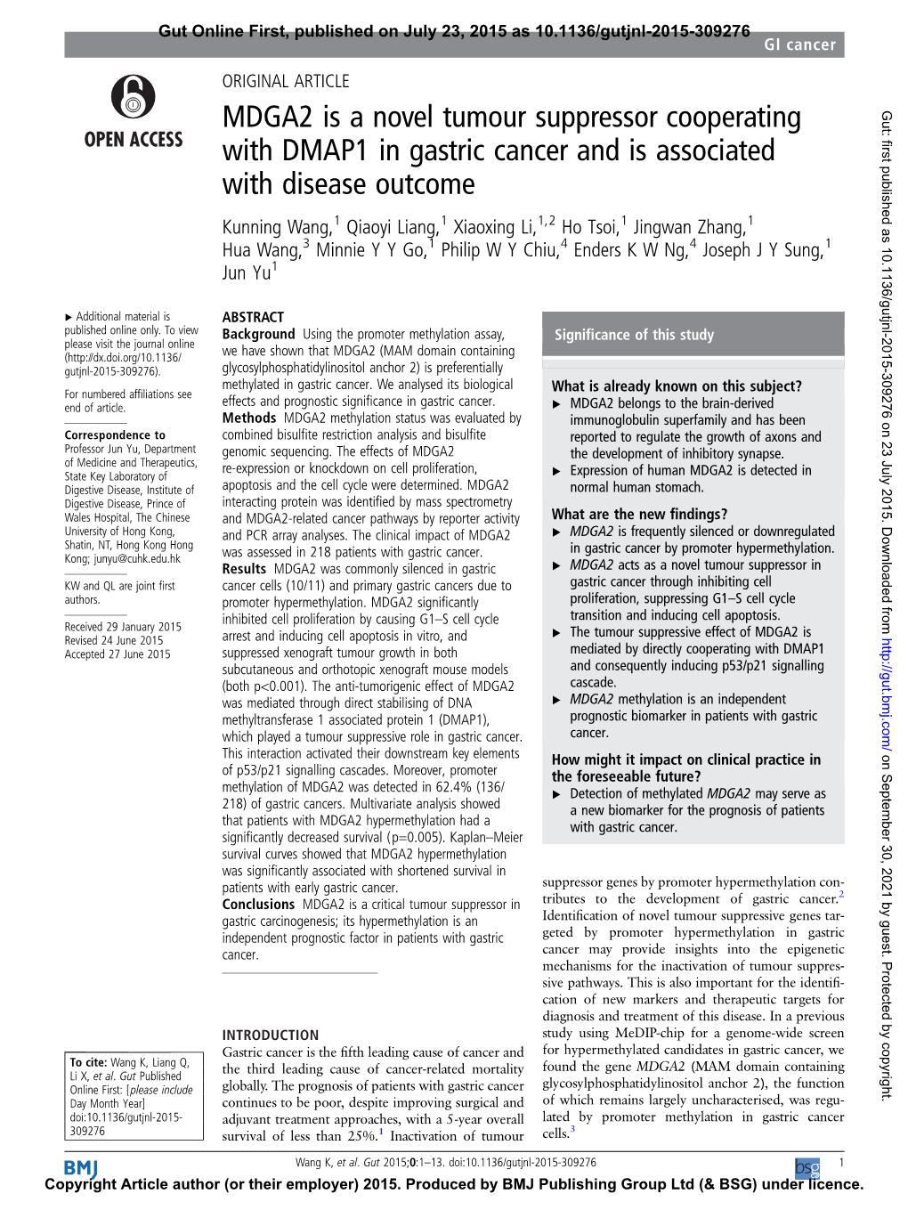 MDGA2 Is a Novel Tumour Suppressor Cooperating with DMAP1 in Gastric