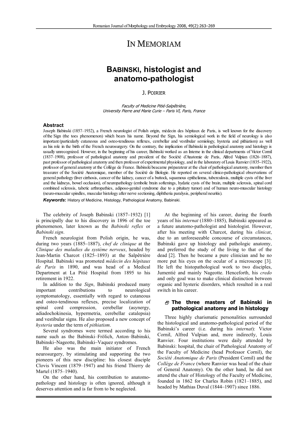 BABINSKI, Histologist and Anatomo-Pathologist