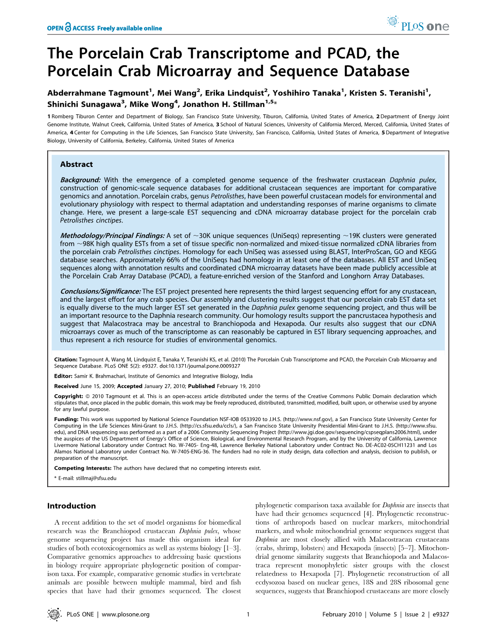 The Porcelain Crab Transcriptome and PCAD, the Porcelain Crab Microarray and Sequence Database