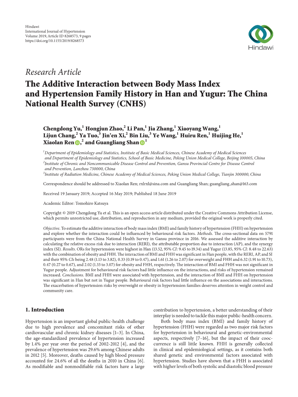 Research Article the Additive Interaction Between Body Mass Index and Hypertension Family History in Han and Yugur: the China National Health Survey (CNHS)