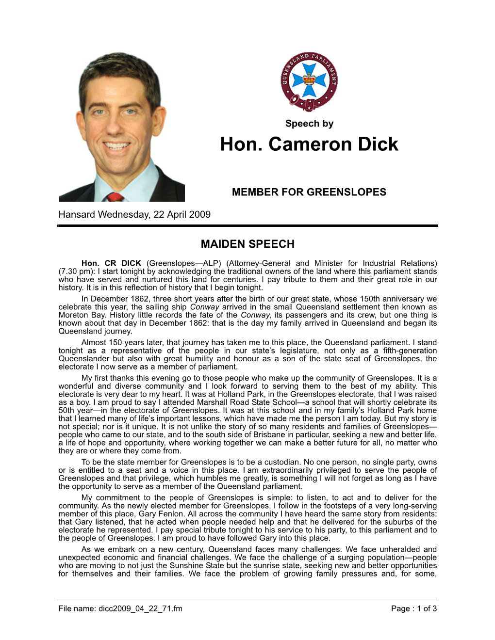 Hon. Cameron Dick