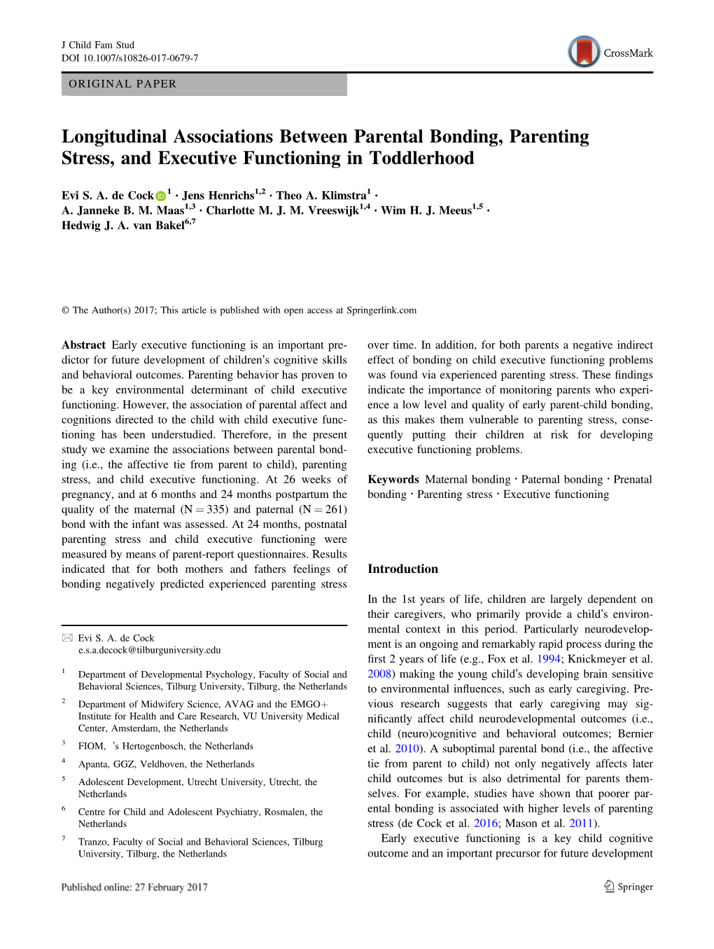 Longitudinal Associations Between Parental Bonding, Parenting Stress, and Executive Functioning in Toddlerhood