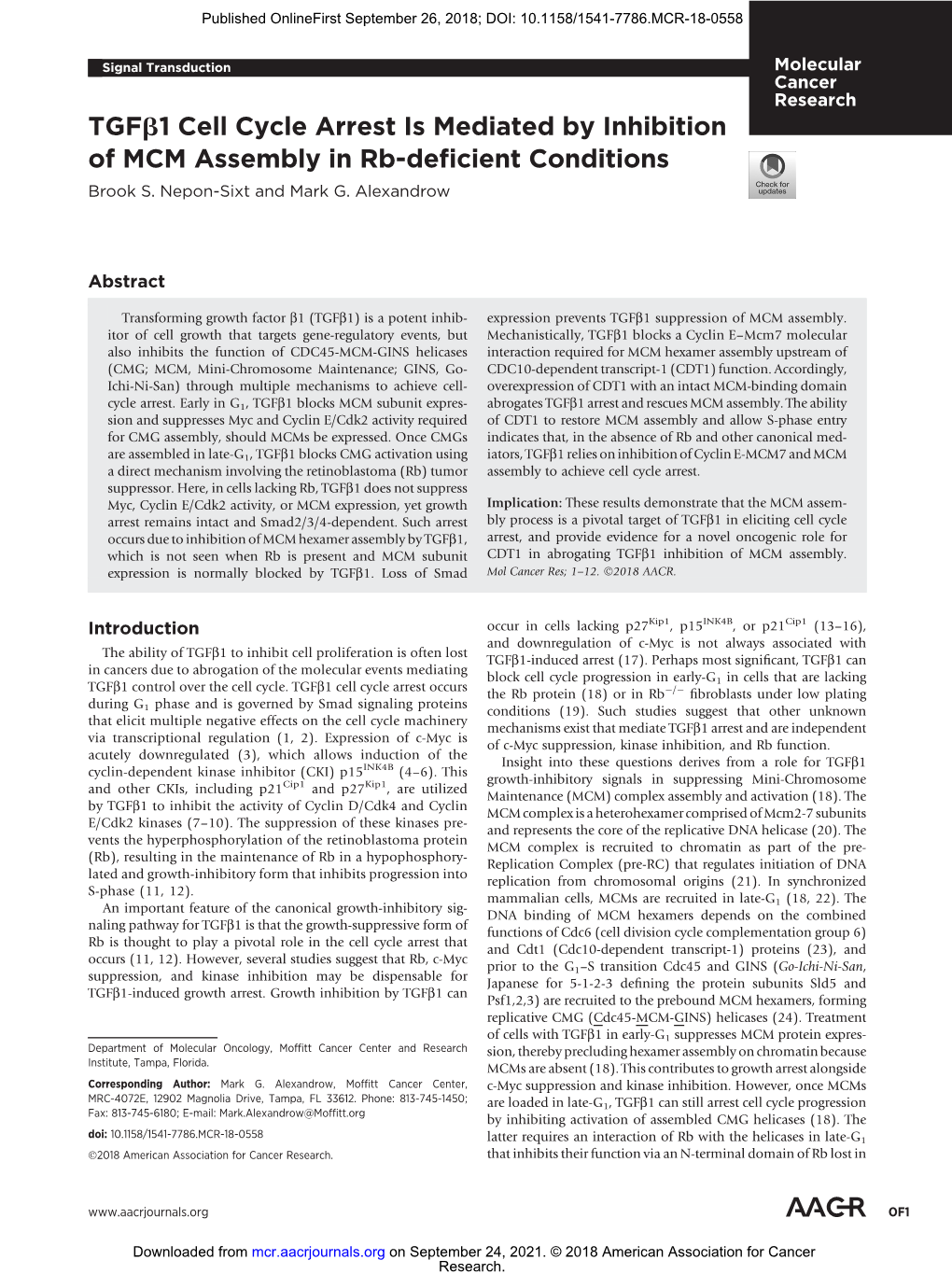 Tgfb1 Cell Cycle Arrest Is Mediated by Inhibition of MCM Assembly in Rb-Deﬁcient Conditions Brook S