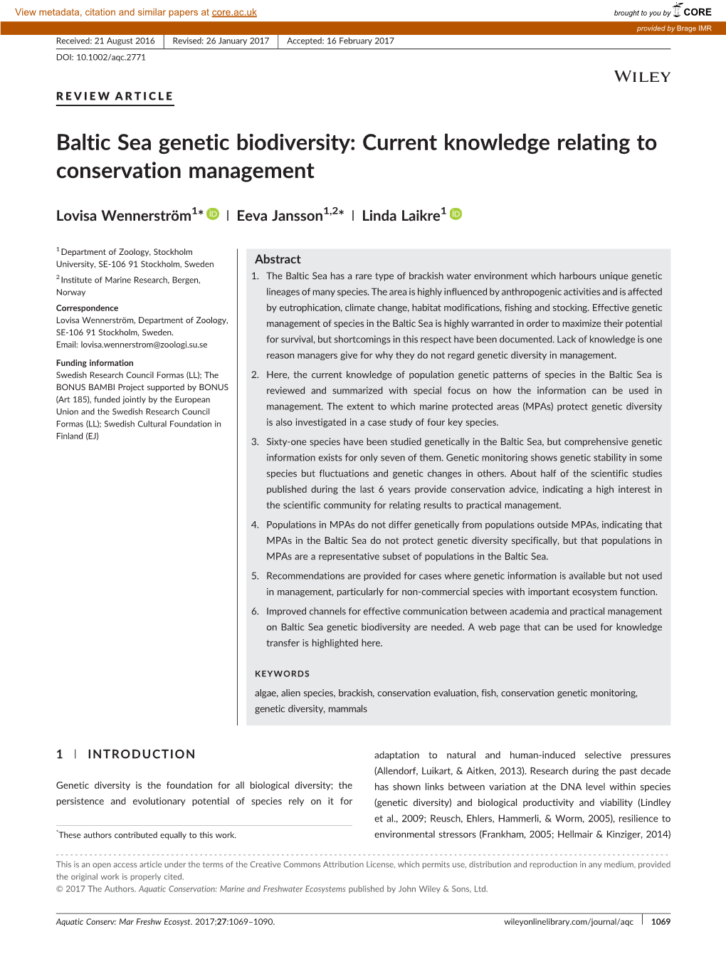 Baltic Sea Genetic Biodiversity: Current Knowledge Relating to Conservation Management