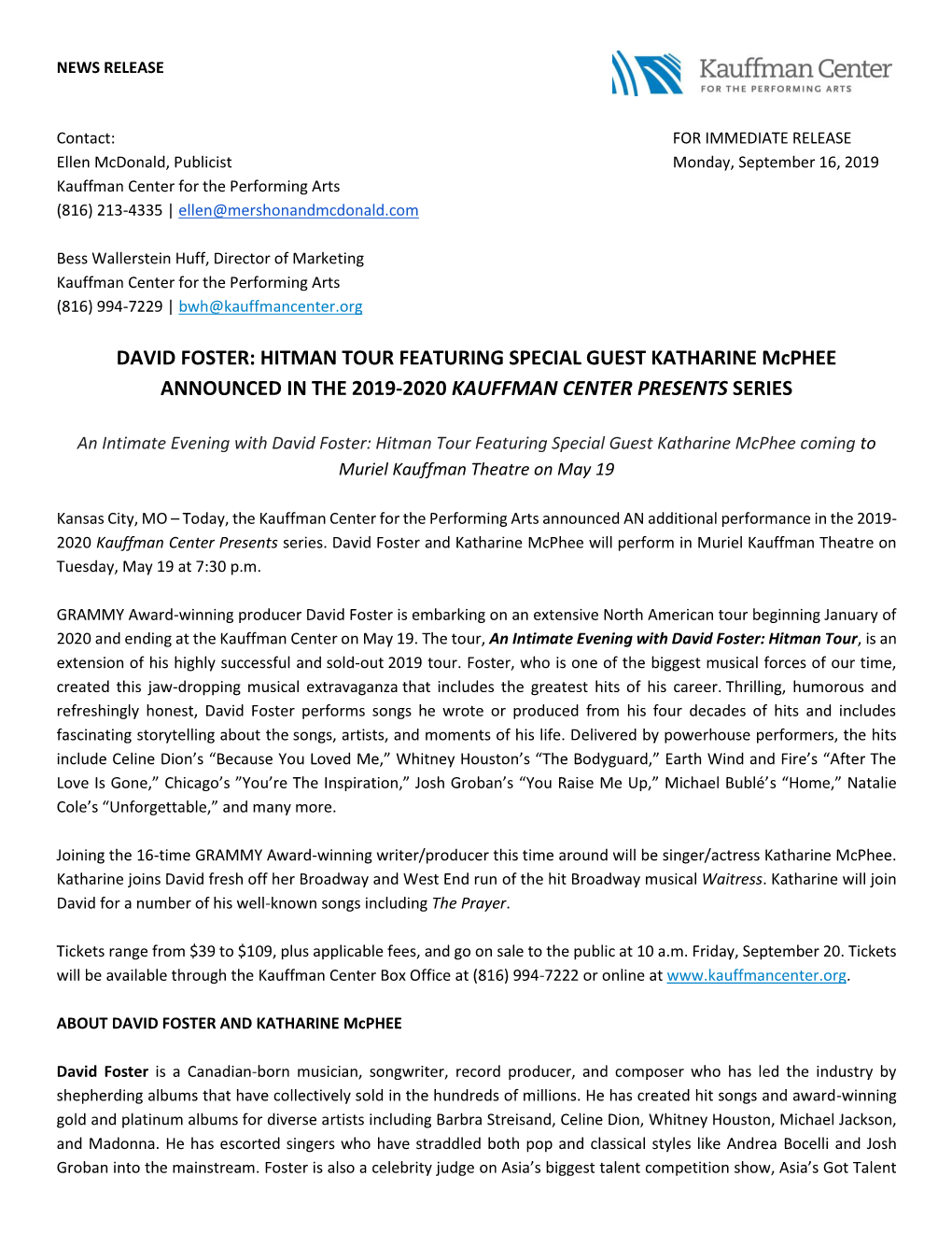 DAVID FOSTER: HITMAN TOUR FEATURING SPECIAL GUEST KATHARINE Mcphee ANNOUNCED in the 2019-2020 KAUFFMAN CENTER PRESENTS SERIES