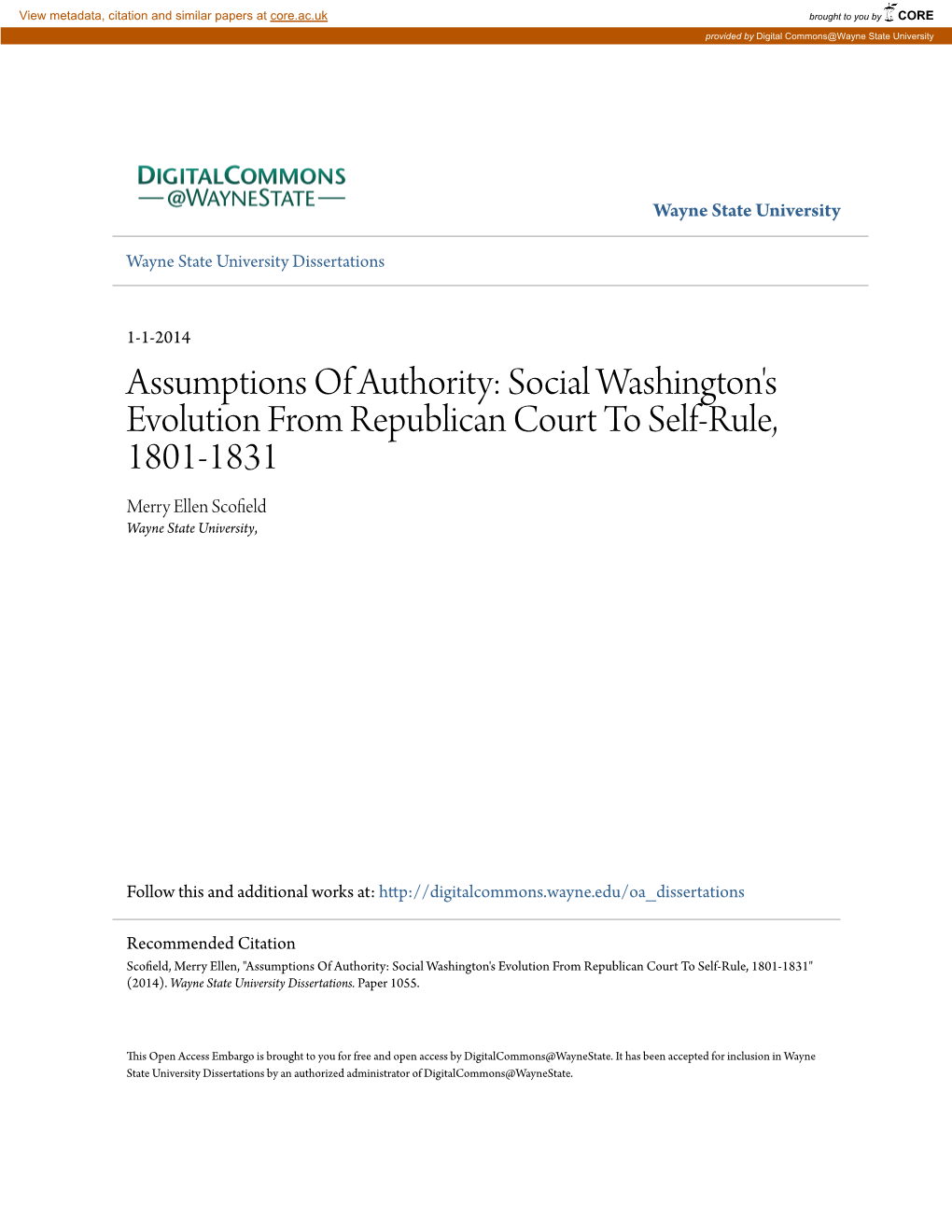 Social Washington's Evolution from Republican Court to Self-Rule, 1801-1831 Merry Ellen Scofield Wayne State University