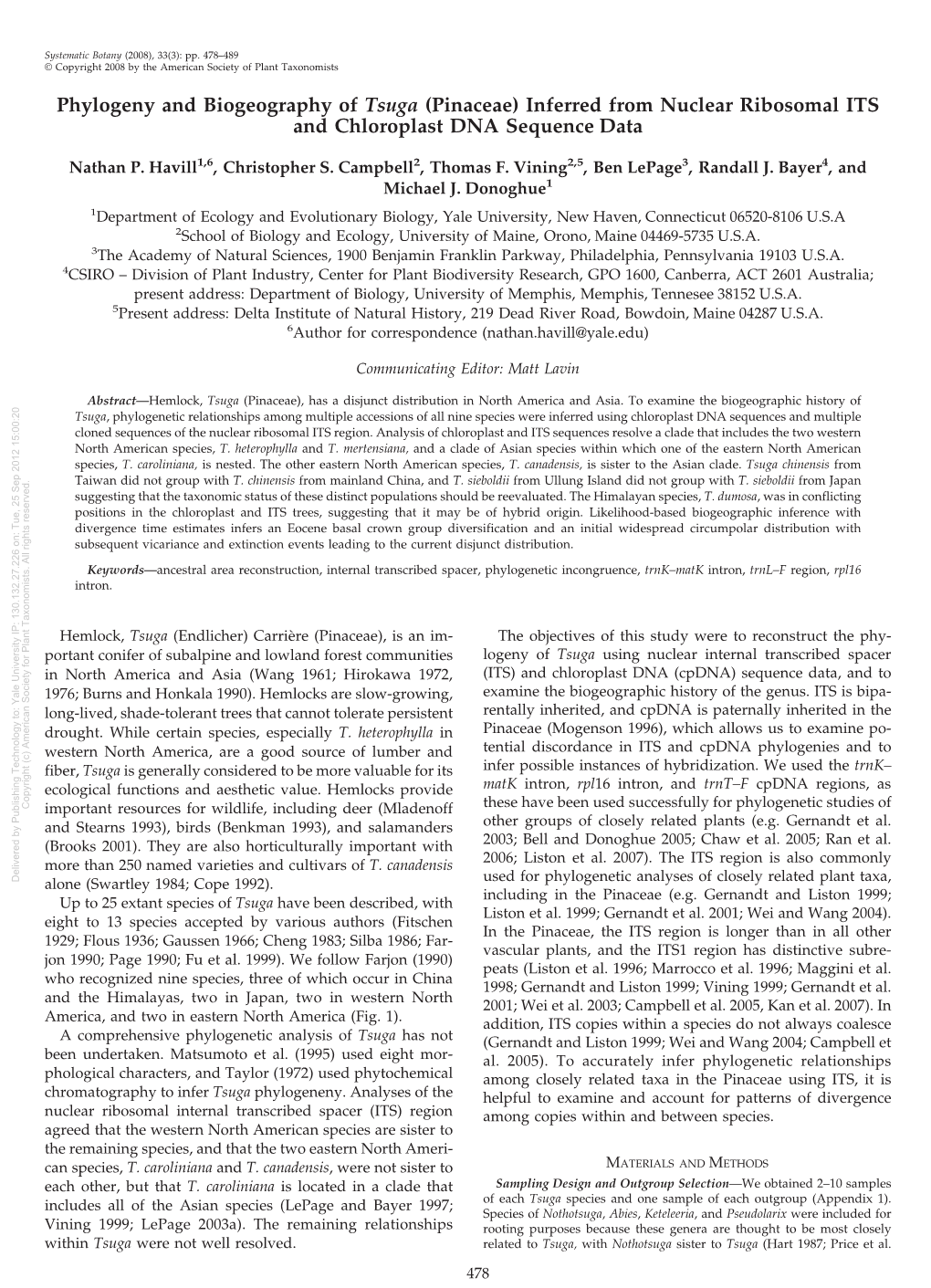 Phylogeny and Biogeography of Tsuga (Pinaceae)