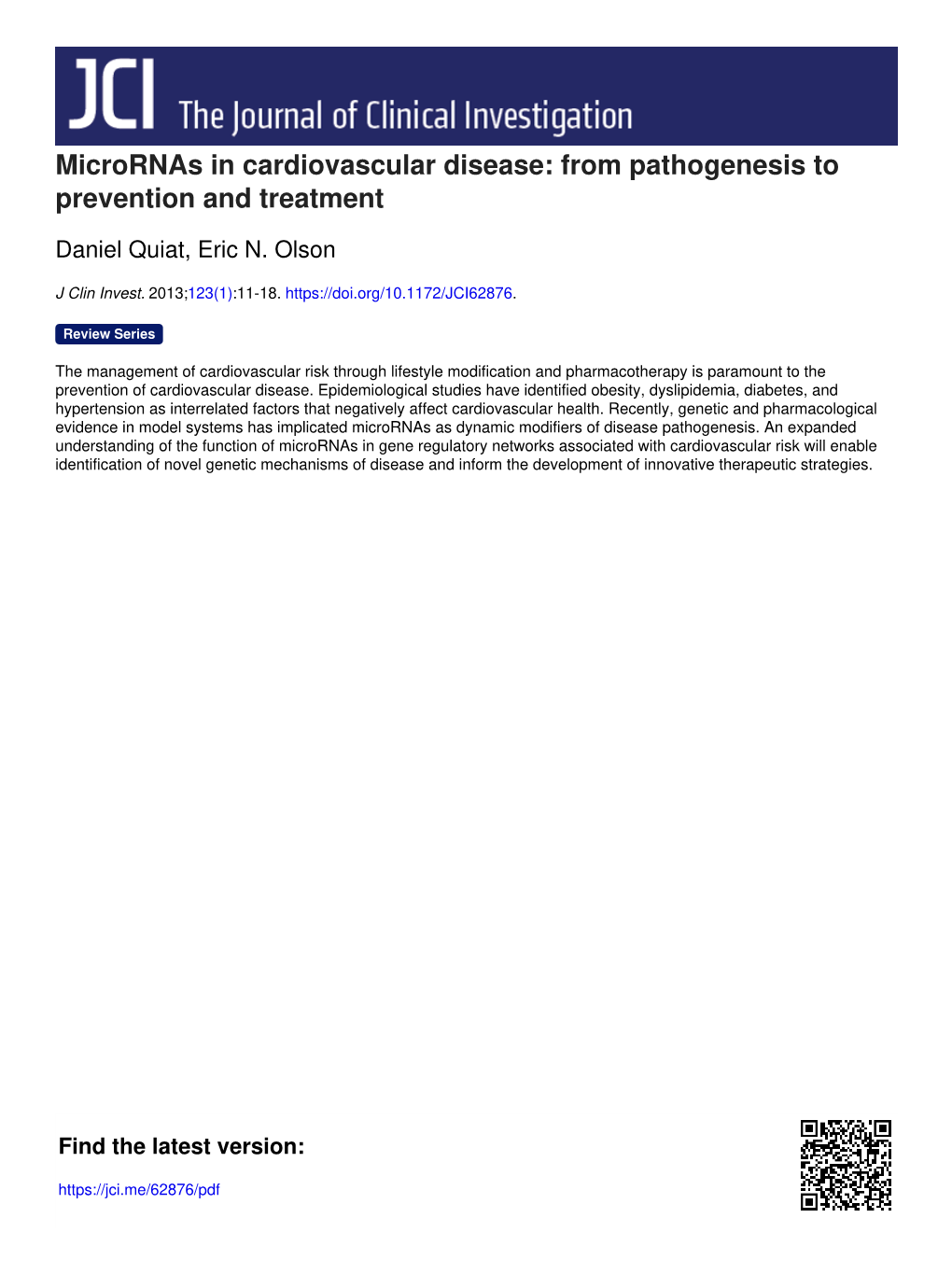 Micrornas in Cardiovascular Disease: from Pathogenesis to Prevention and Treatment