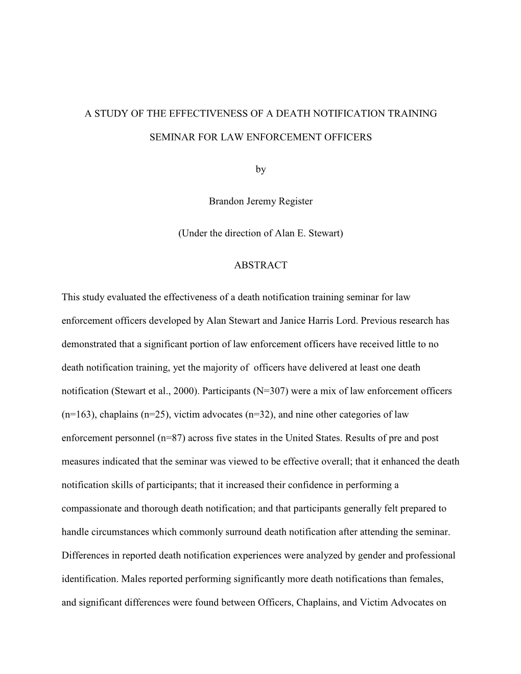 A STUDY of the EFFECTIVENESS of a DEATH NOTIFICATION TRAINING SEMINAR for LAW ENFORCEMENT OFFICERS by Brandon Jeremy Register