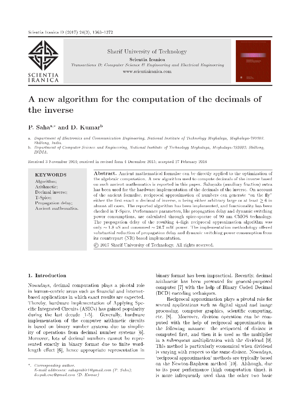 A New Algorithm for the Computation of the Decimals of the Inverse