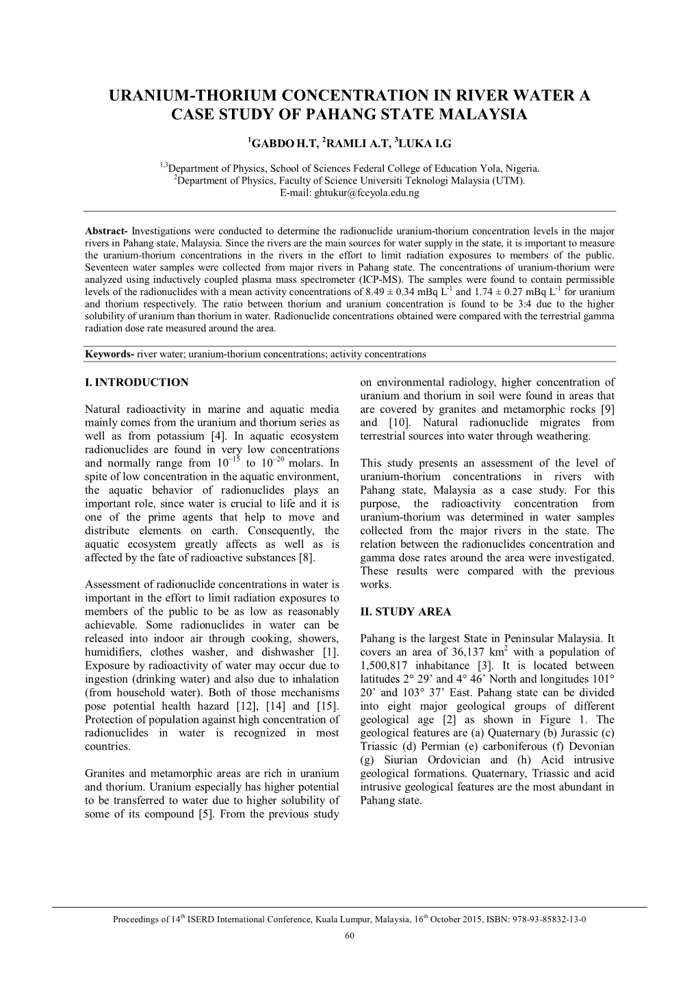 Uranium-Thorium Concentration in River Water a Case Study of Pahang State Malaysia