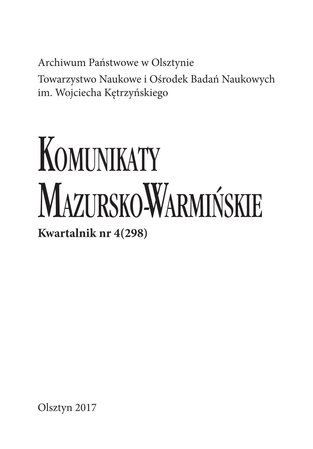 Archiwum Państwowe W Olsztynie Towarzystwo Naukowe I Ośrodek Badań Naukowych Im