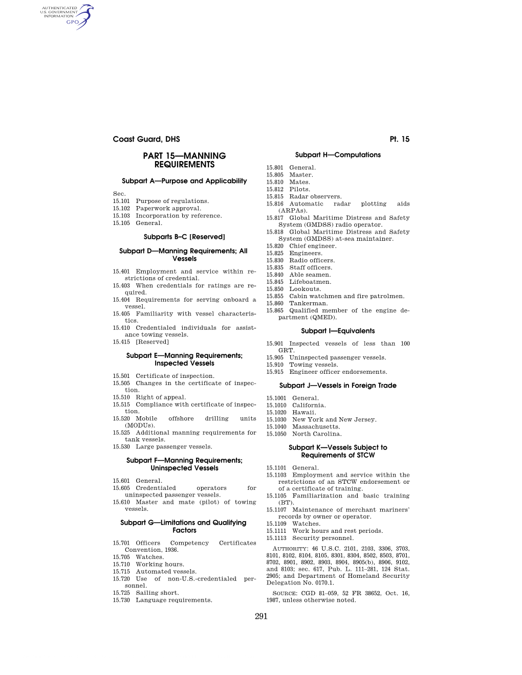 291 Part 15—Manning Requirements