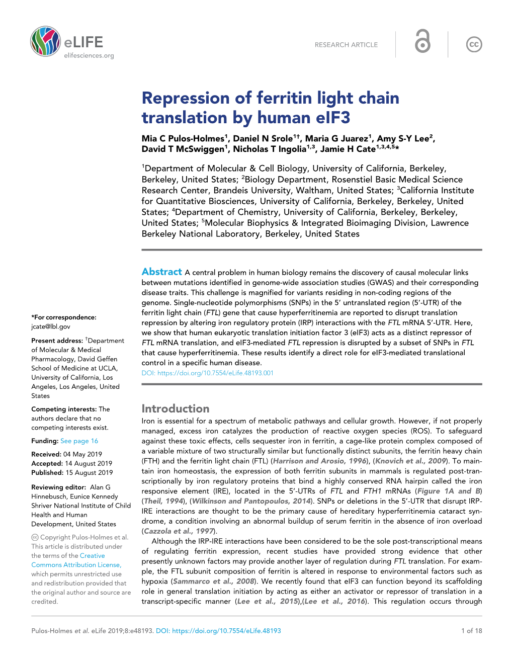 Repression of Ferritin Light Chain Translation by Human Eif3