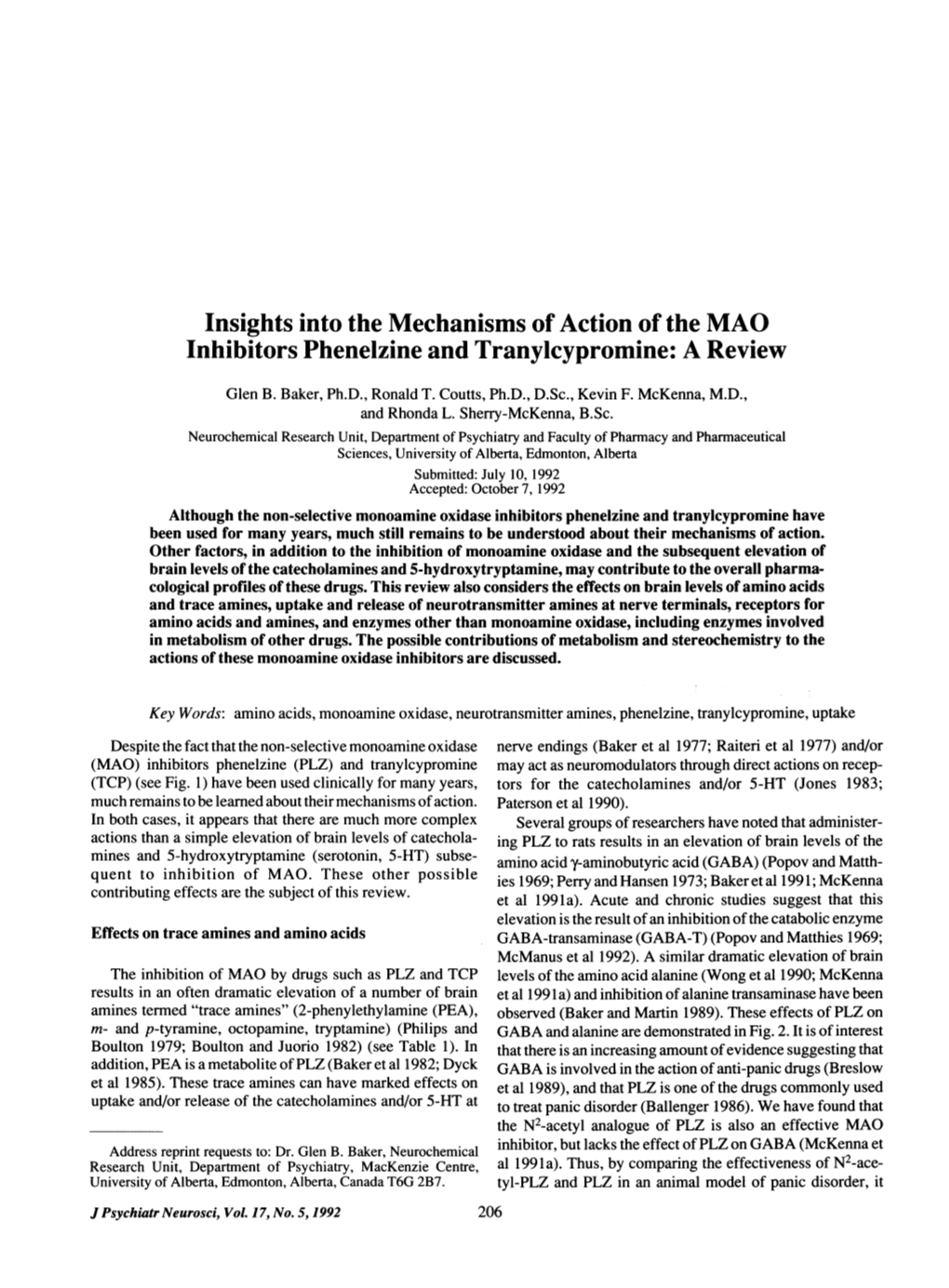 Insights Into the Mechanisms of Action Ofthe MAO Inhibitors Phenelzine and Tranylcypromine