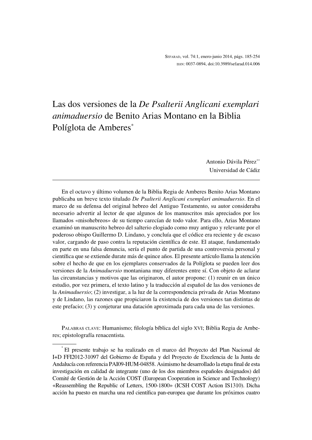 Las Dos Versiones De La De Psalterii Anglicani Exemplari Animaduersio De Benito Arias Montano En La Biblia Políglota De Amberes*