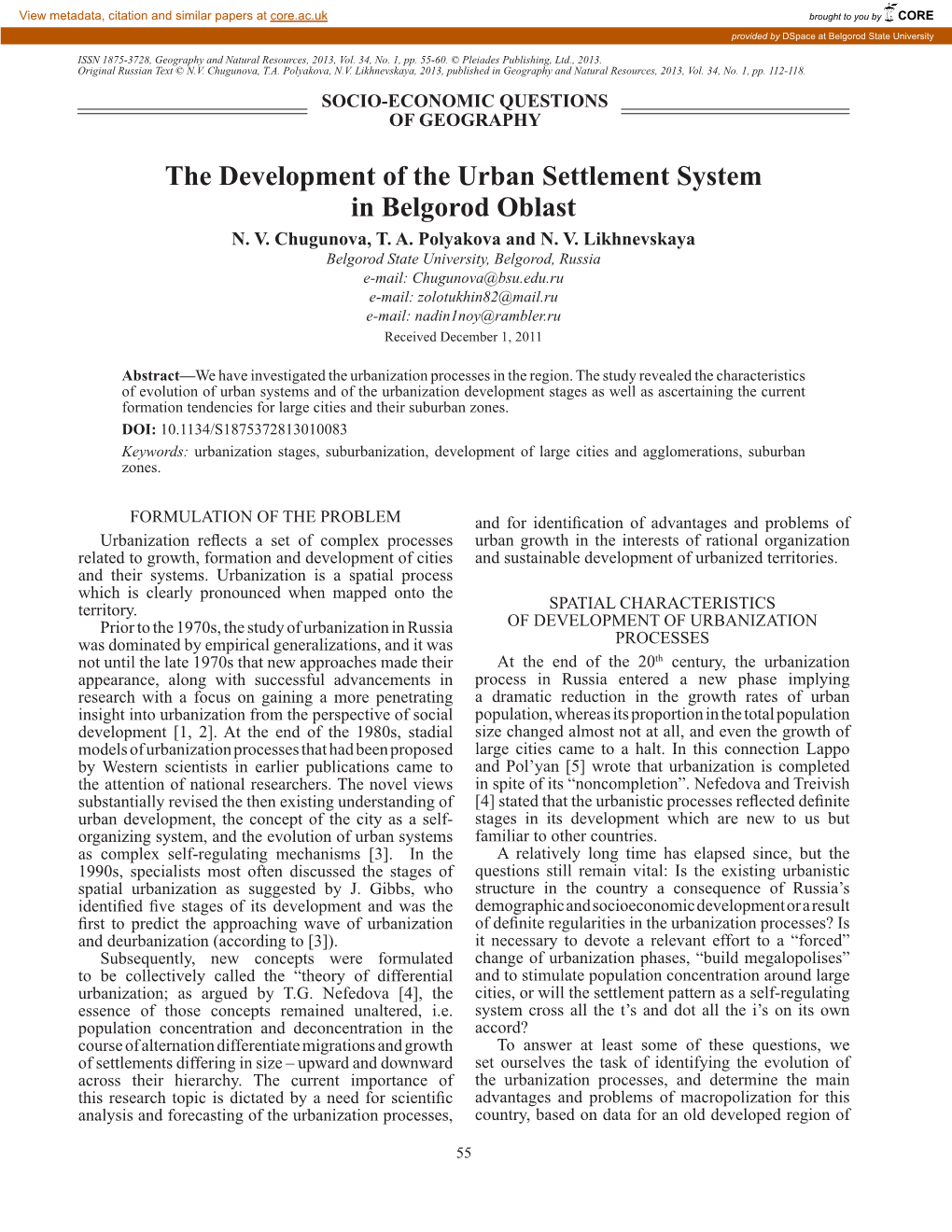 The Development of the Urban Settlement System in Belgorod Oblast N