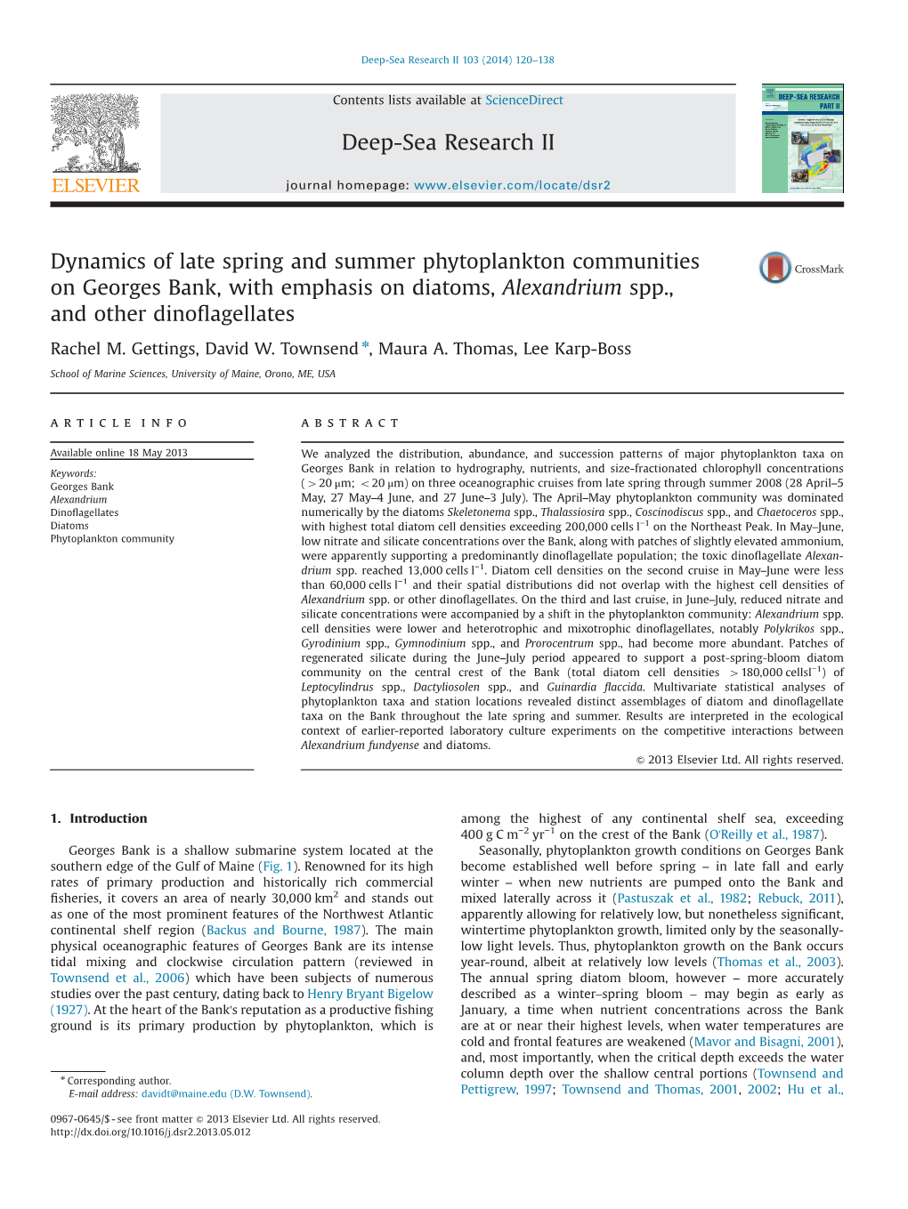 Dynamics of Late Spring and Summer Phytoplankton Communities on Georges Bank, with Emphasis on Diatoms, Alexandrium Spp., and Other Dinoﬂagellates