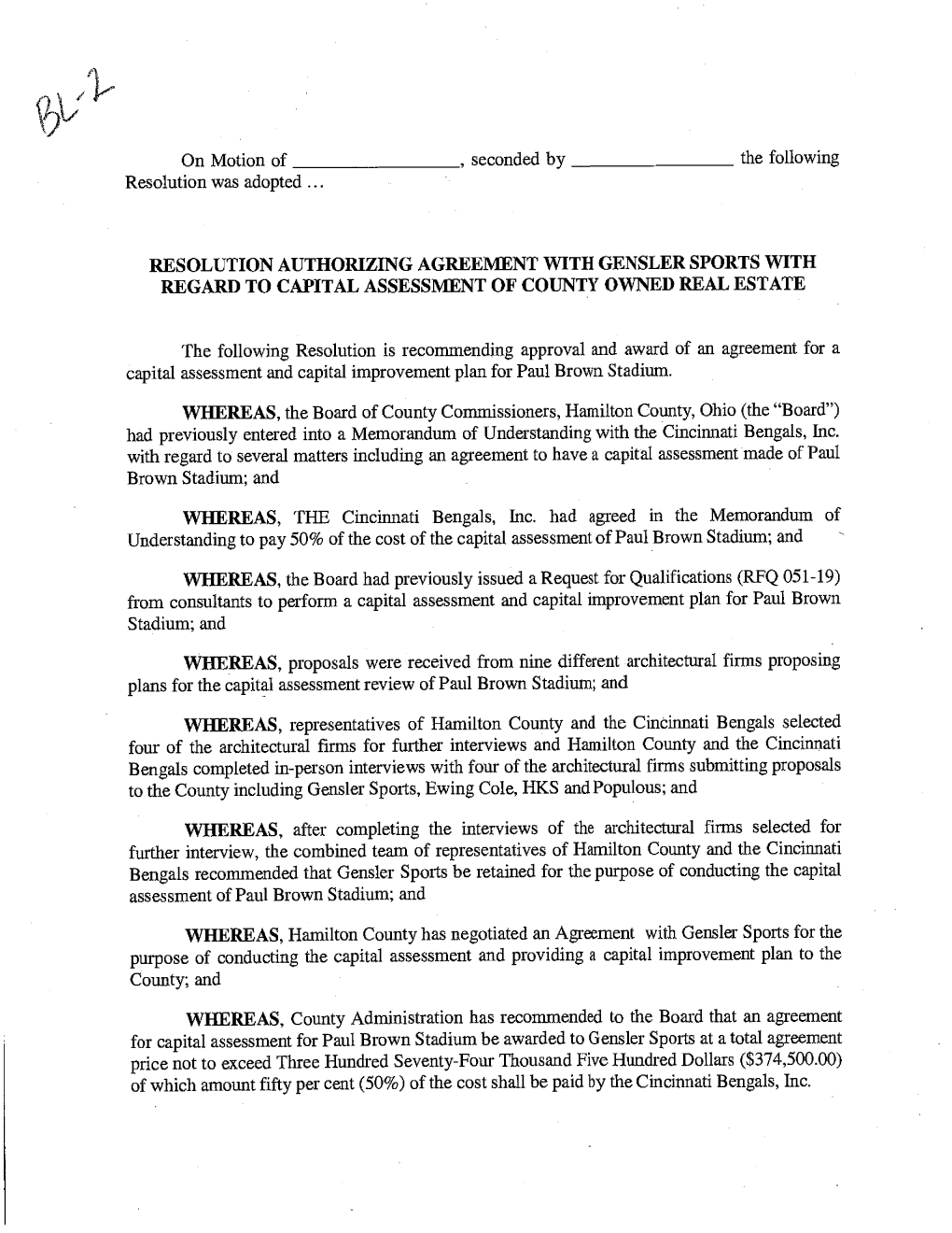 Resolution Authorizing Agreement with Gensler Sports with Regard to Capital Assessment of County Owned Real Estate