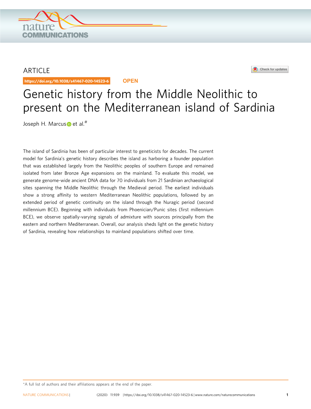 Genetic History from the Middle Neolithic to Present on the Mediterranean Island of Sardinia